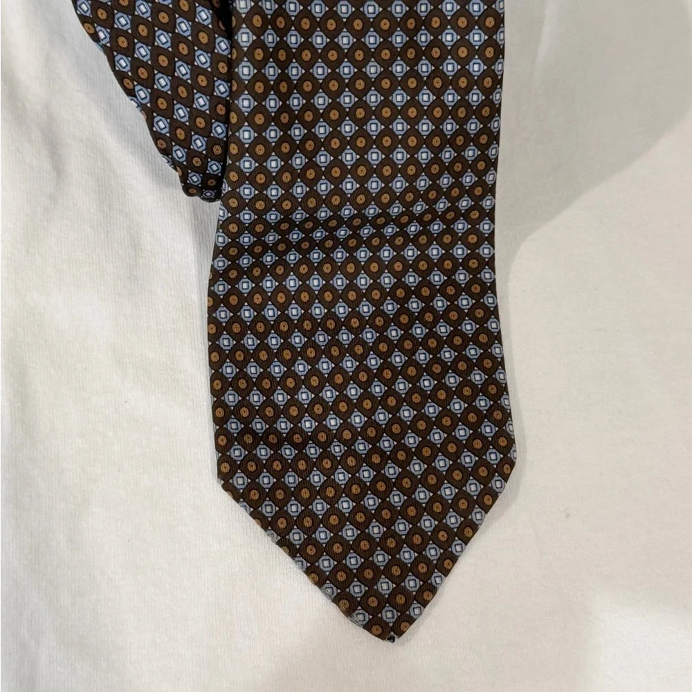 Vintage Christian Dior 100% Silk Slim Brown and Blue Geometric Men's Tie